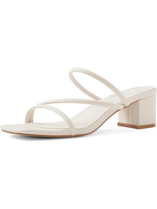 Shoes - Women's Beige Leather Strappy Square Open Toe Slip On Mule Chunky Block Heels